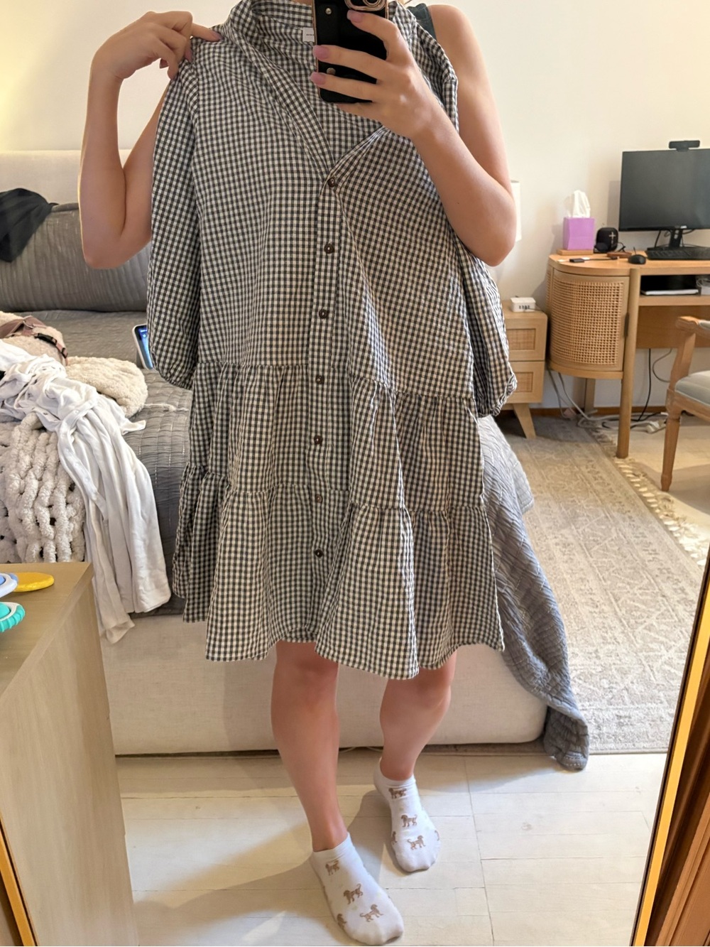 Gingham Button-Front Women’s Dress in Black and White - Picture 3 of 3